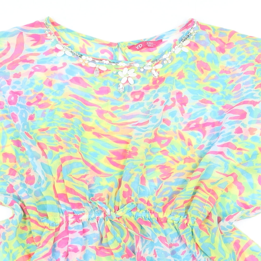 Close-up detail of YD girls’ multicoloured polyester basic button-up, size 8-9, years round neck - beachwear