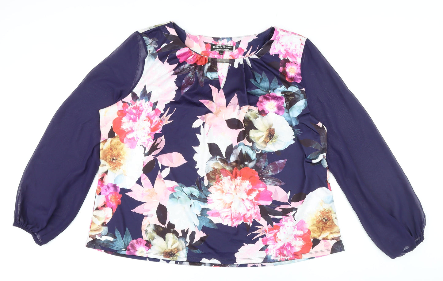 Billie&Blossom Womens Blue Floral Polyester Basic Button-Up Size 18 Round Neck - Sheer Sleeves