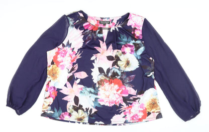 Billie&Blossom Womens Blue Floral Polyester Basic Button-Up Size 18 Round Neck - Sheer Sleeves