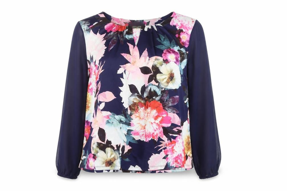 Billie&Blossom Womens Blue Floral Polyester Basic Button-Up Size 18 Round Neck - Sheer Sleeves
