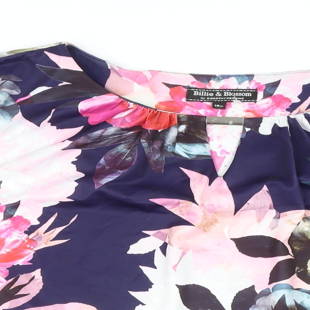 Billie&Blossom Womens Blue Floral Polyester Basic Button-Up Size 18 Round Neck - Sheer Sleeves