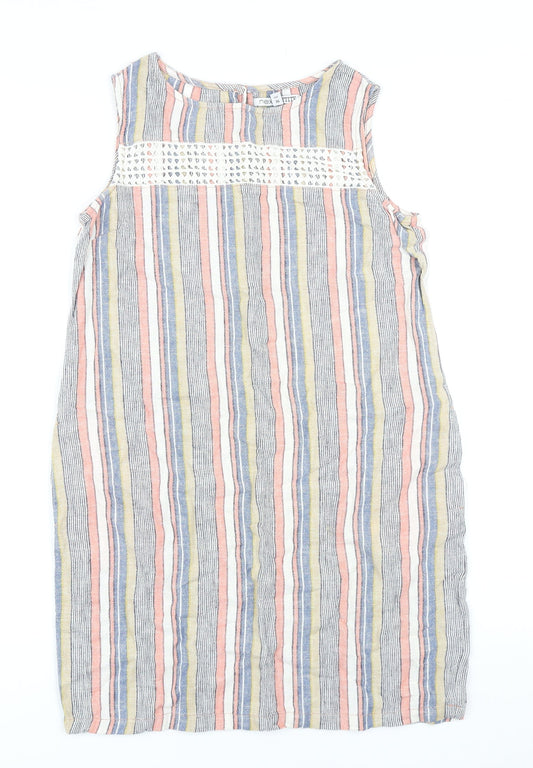 NEXT Womens Multicoloured Striped Linen Pencil Dress Size 8 Round Neck Button