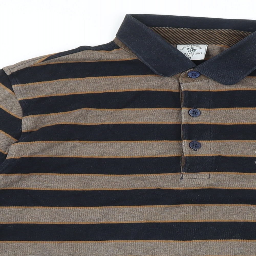 Santa Barbara Mens Blue Striped Cotton Polo Size M Collared Button