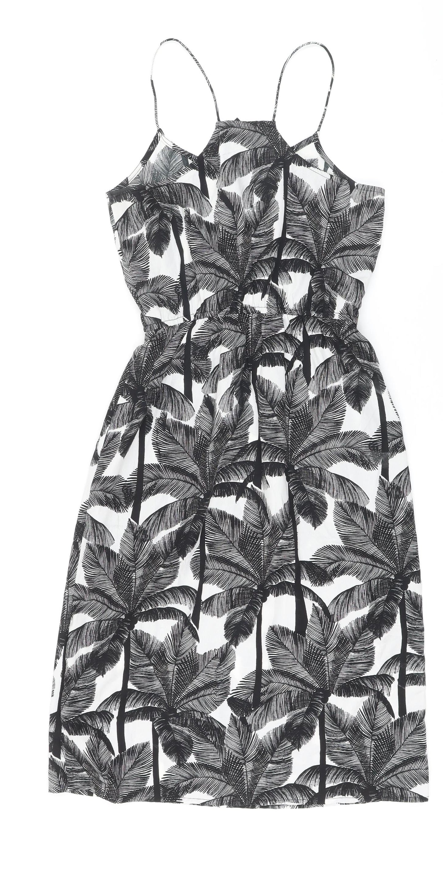 H&M Womens White Polyester A-Line Size 6 Square Neck - Palm Trees