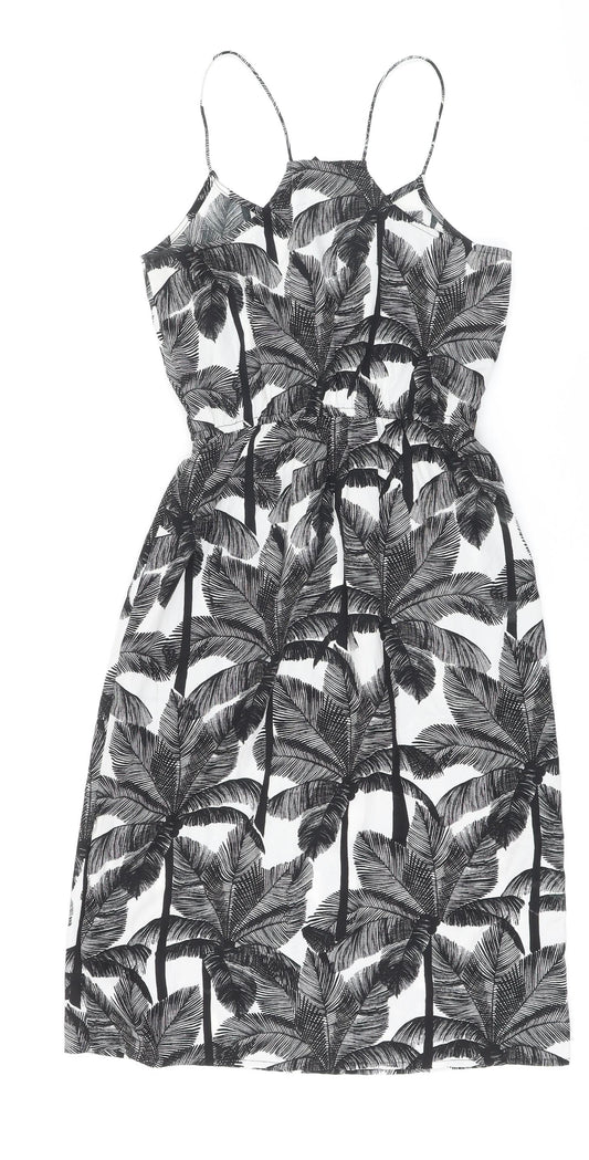 H&M Womens White Polyester A-Line Size 6 Square Neck - Palm Trees