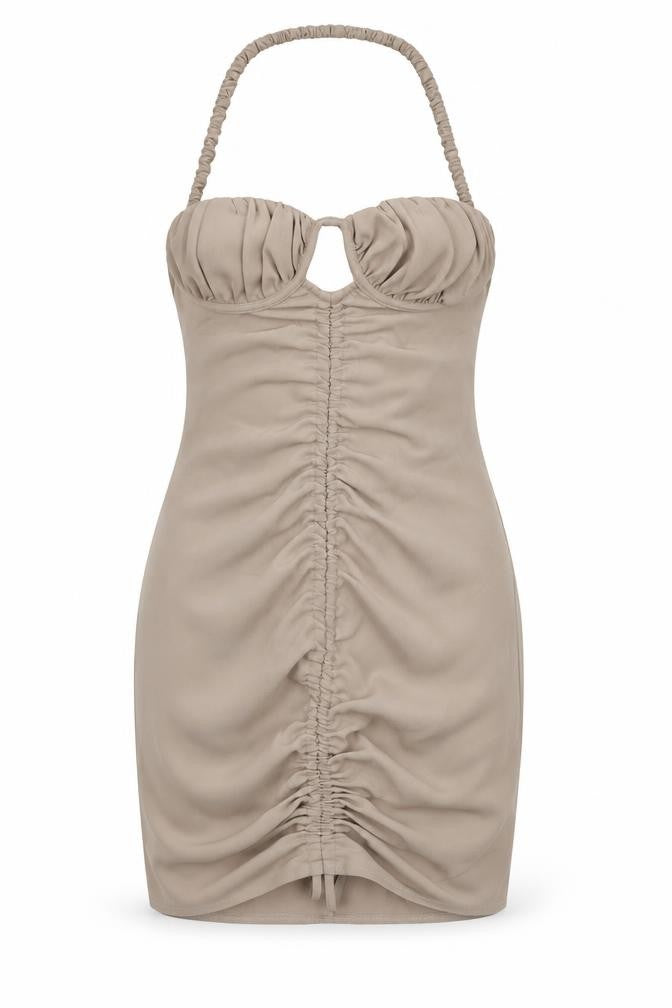 PRETTYLITTLETHING Womens Beige Polyester Bodycon Size 8 Halter Zip