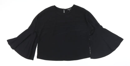 Topshop Womens Black Polyester Basic Button-Up Size 10 Round Neck - Big Sleeves