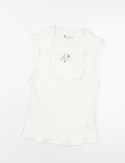 Zara Womens White Viscose Basic T-Shirt Size M Round Neck