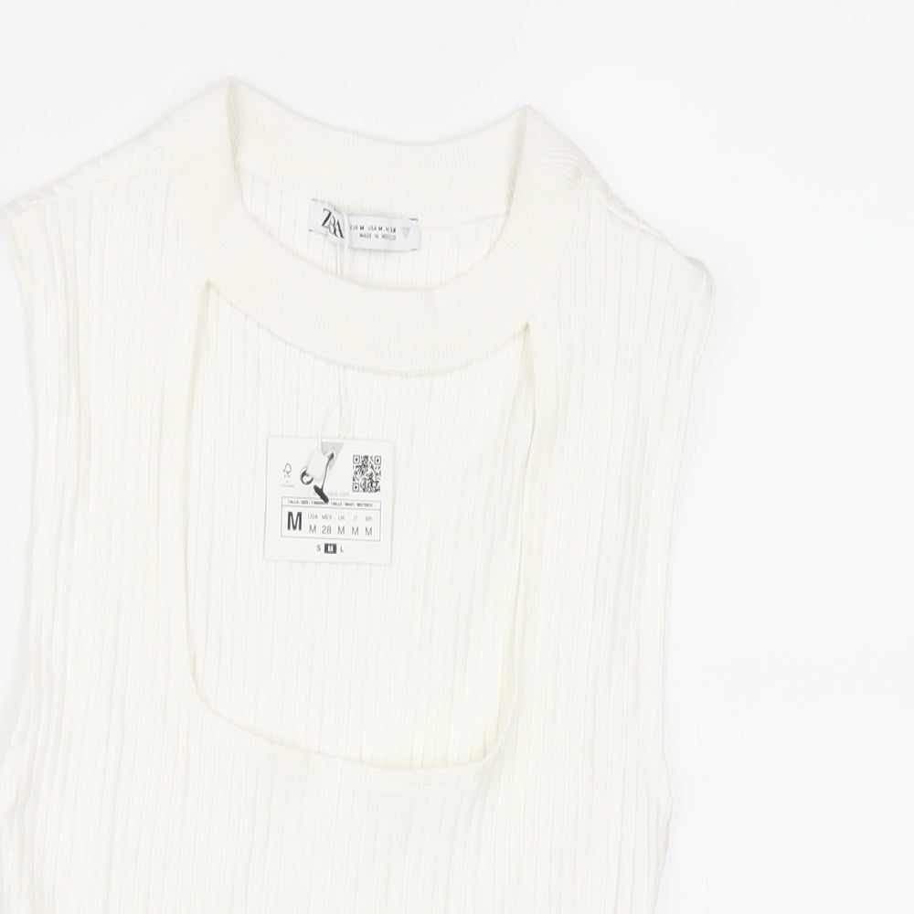 Zara Womens White Viscose Basic T-Shirt Size M Round Neck