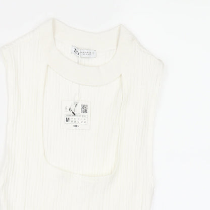 Zara Womens White Viscose Basic T-Shirt Size M Round Neck