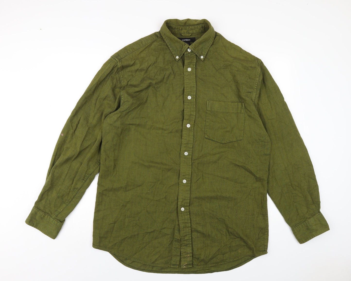 Express Mens Green Cotton Button-Up Size L Collared Button