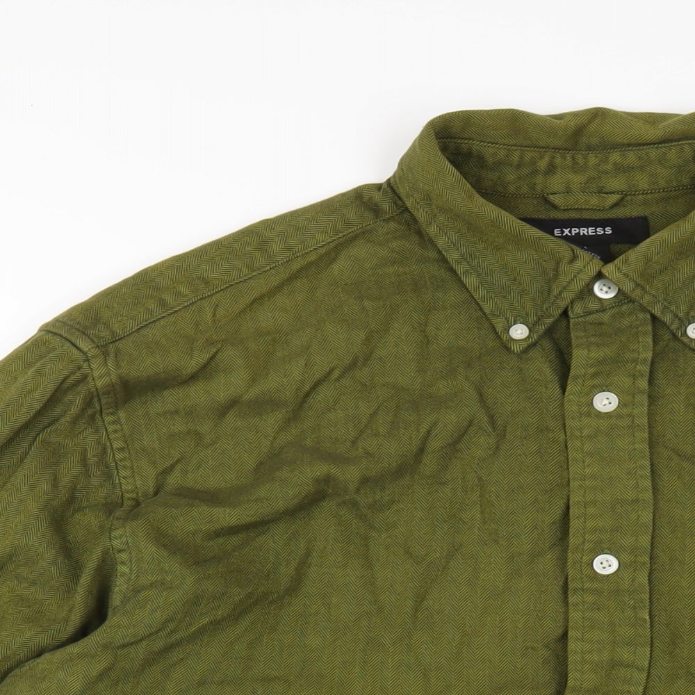 Express Mens Green Cotton Button-Up Size L Collared Button