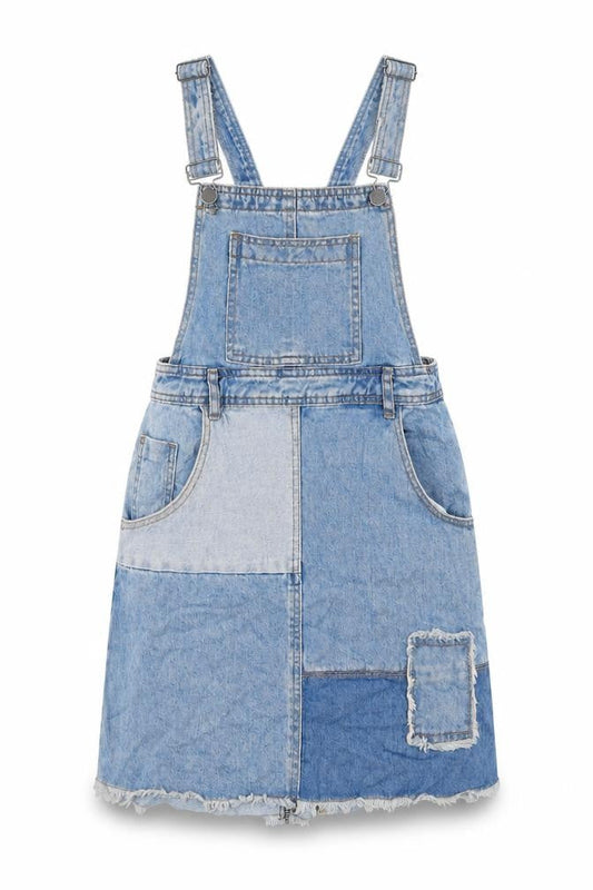 Front view of Red Herring women’s blue cotton pinafore/dungaree dress, size UK 10, square neck zip