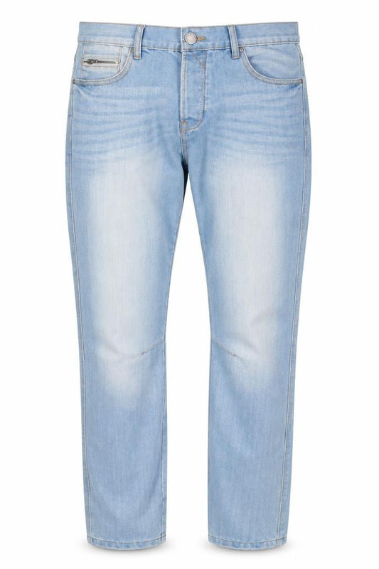 Front view of Denim & Co. men’s blue cotton straight jeans, size 34, in, 32-inch leg regular button