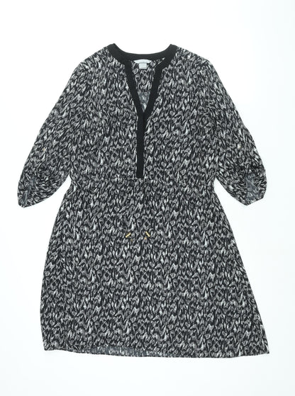 H&M Womens Black Geometric Polyester A-Line Size 12 V-Neck Button - Drawstring Waist