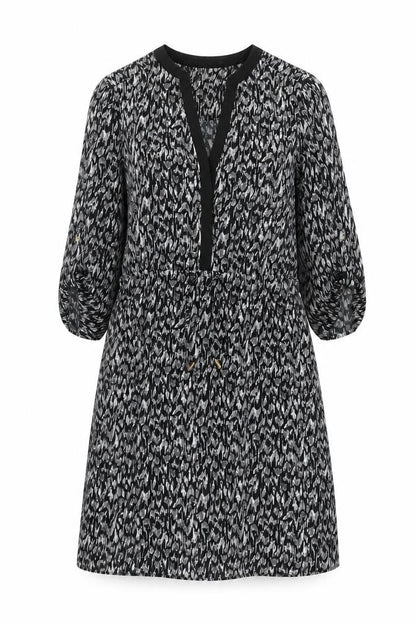 H&M Womens Black Geometric Polyester A-Line Size 12 V-Neck Button - Drawstring Waist