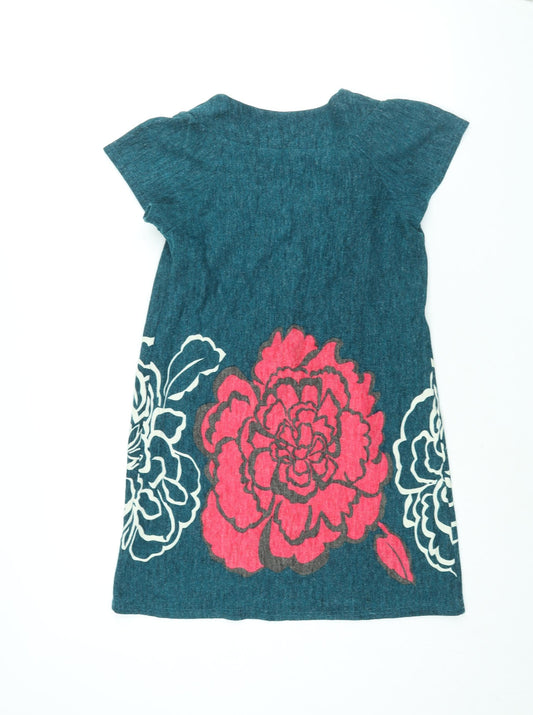 New Look Womens Blue Acrylic Jumper Dress Size 10 Round Neck Pullover - Floral Bow Detail