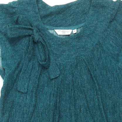 New Look Womens Blue Acrylic Jumper Dress Size 10 Round Neck Pullover - Floral Bow Detail