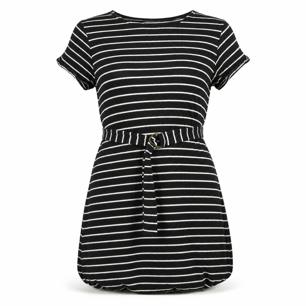 Marks & Spencer Womens Black Striped Viscose T-Shirt Dress Size 8 Round Neck Pullover - Belted