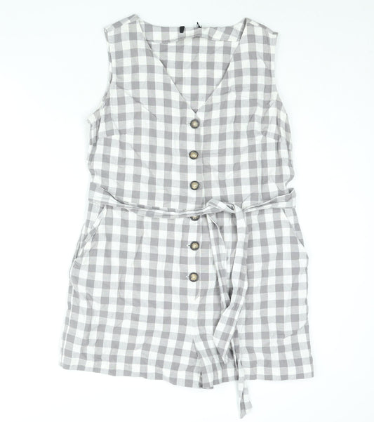 New Look Womens Grey Gingham Cotton Romper One-Piece Size 16 L3 in Button - Belted