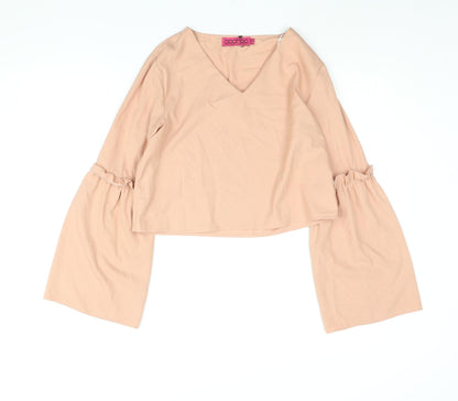 Boohoo Womens Pink Polyester Basic Blouse Size 10 V-Neck - Frill Bell Sleeve
