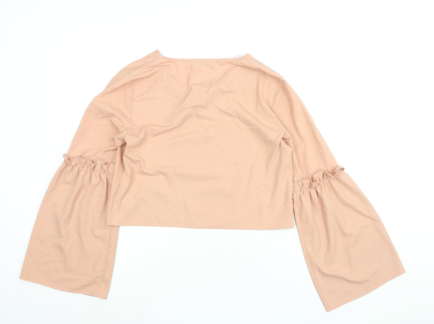 Boohoo Womens Pink Polyester Basic Blouse Size 10 V-Neck - Frill Bell Sleeve