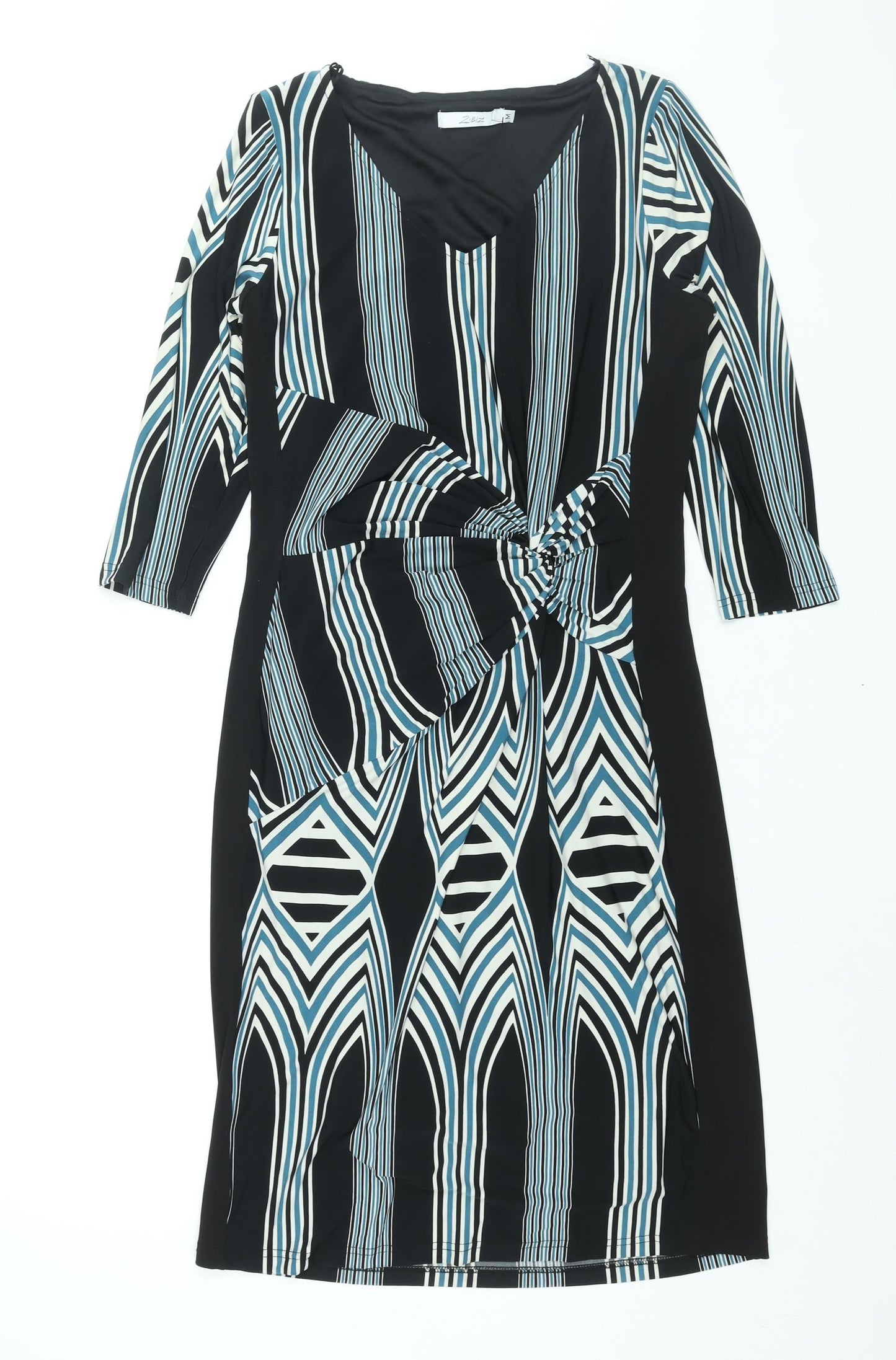 Z Biz Womens Black Geometric Polyester Shift Size M V-Neck Pullover - Rouched Detail