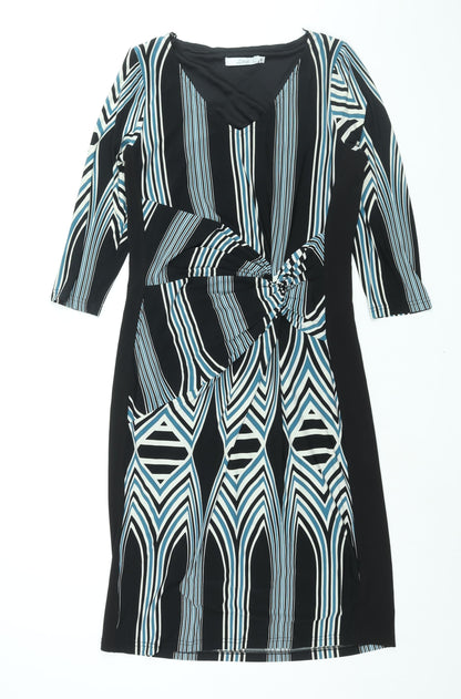 Z Biz Womens Black Geometric Polyester Shift Size M V-Neck Pullover - Rouched Detail