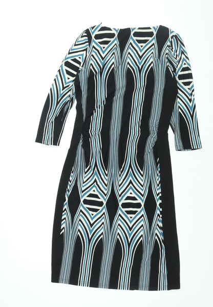 Z Biz Womens Black Geometric Polyester Shift Size M V-Neck Pullover - Rouched Detail