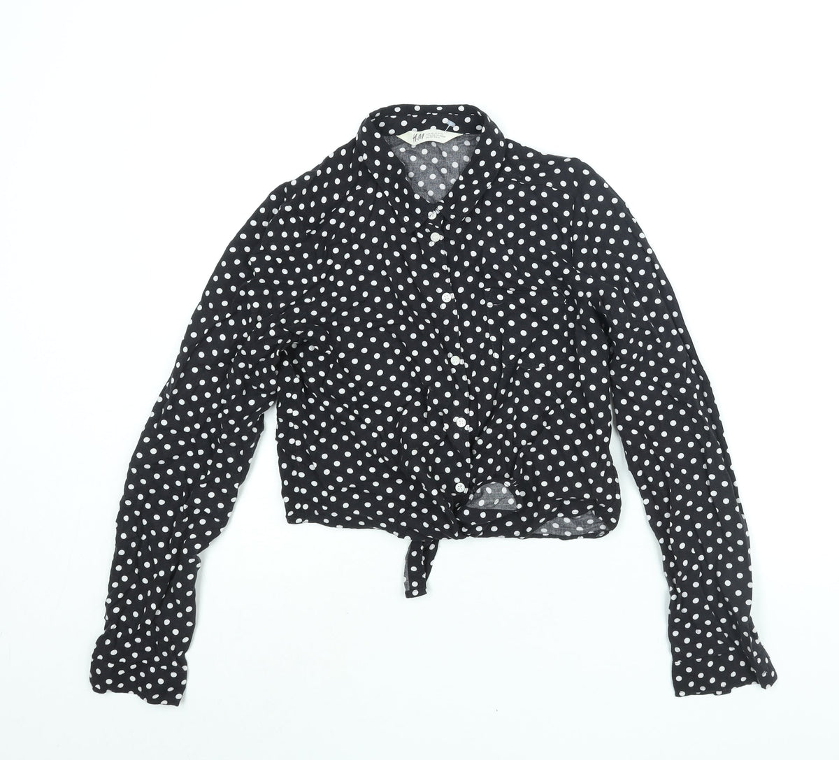 Additional front view of H&M girls’ black polka dot viscose basic button-up, size 13, years collared button - tie detail