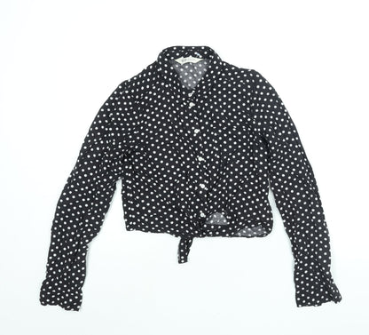 Additional front view of H&M girls’ black polka dot viscose basic button-up, size 13, years collared button - tie detail
