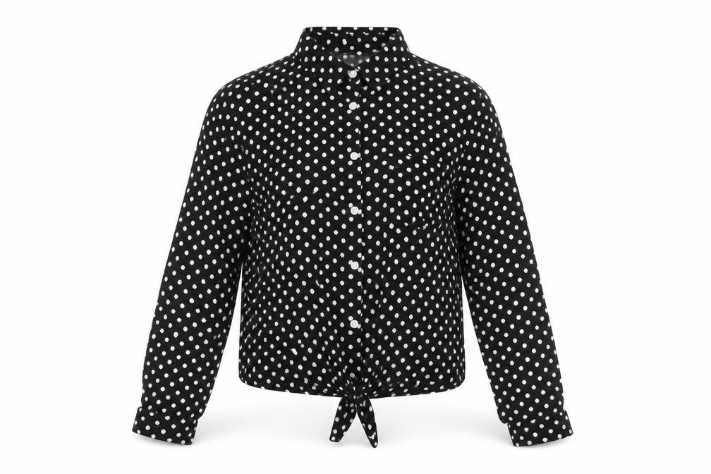 Front view of H&M girls’ black polka dot viscose basic button-up, size 13, years collared button - tie detail