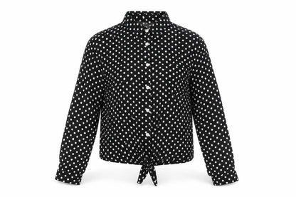 Front view of H&M girls’ black polka dot viscose basic button-up, size 13, years collared button - tie detail
