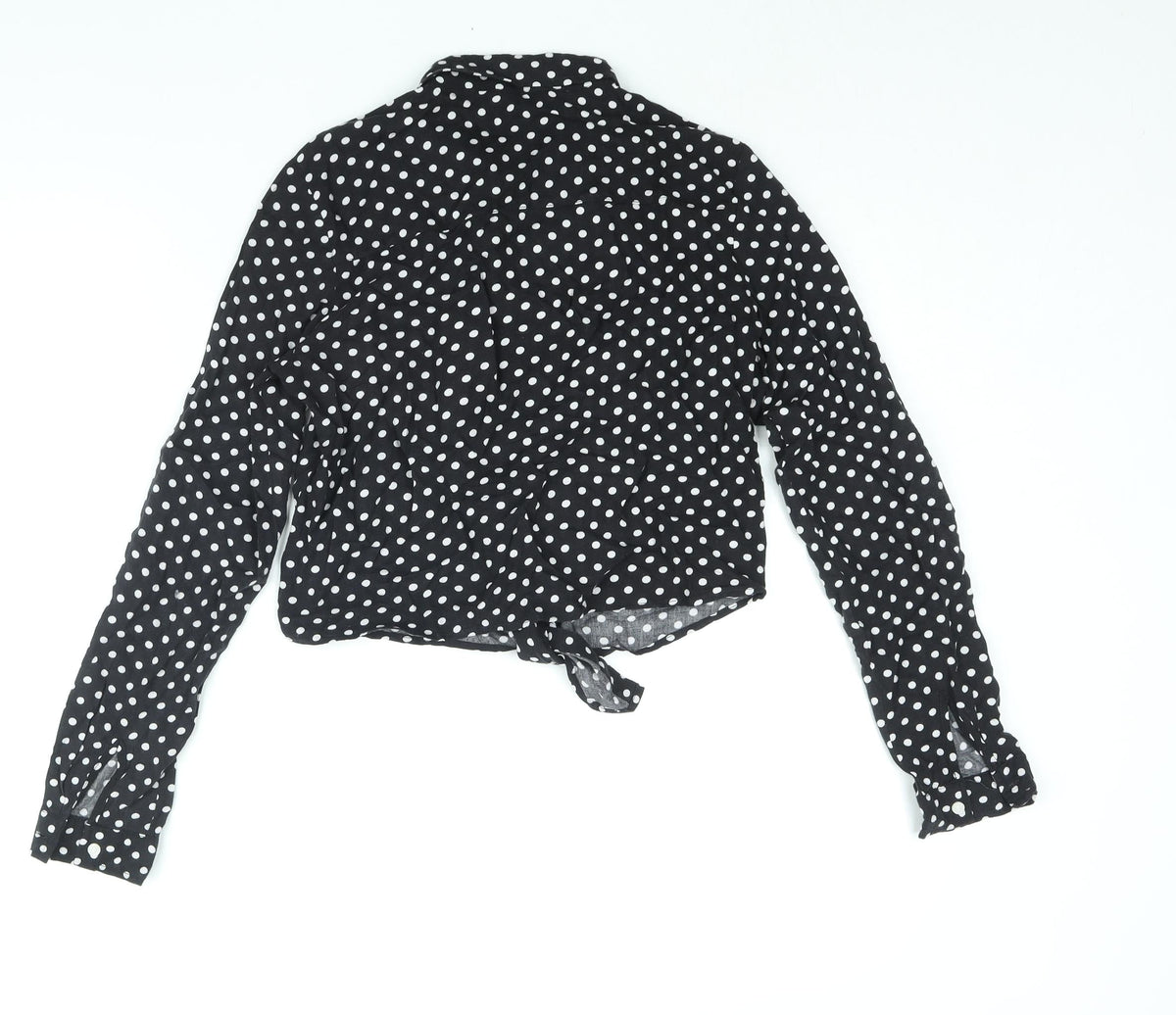 Back view of H&M girls’ black polka dot viscose basic button-up, size 13, years collared button - tie detail