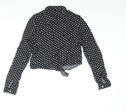 Back view of H&M girls’ black polka dot viscose basic button-up, size 13, years collared button - tie detail