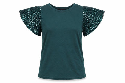 New Look Womens Green Polyester Basic Blouse Size 10 Round Neck - Sequin Sleeve