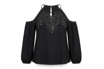 lipsyu Womens Black Polyester Basic Blouse Size 10 Round Neck - Embellished Sequin Cold Shoulder