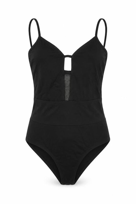 Front view of Miss Selfridge women’s black viscose bodysuit one-piece, size UK 6, snap - mesh panel