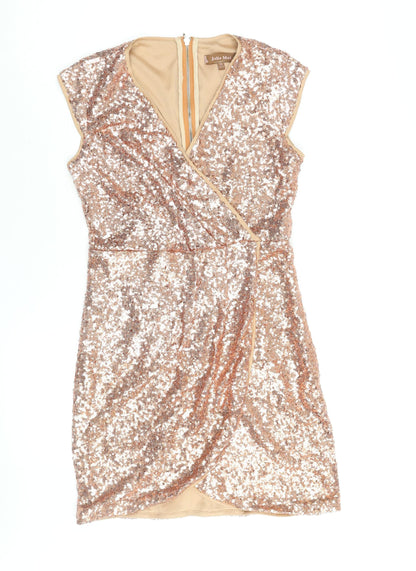 Jolie Moi Womens Brown Polyester Mini Size 10 V-Neck Zip - Sequin