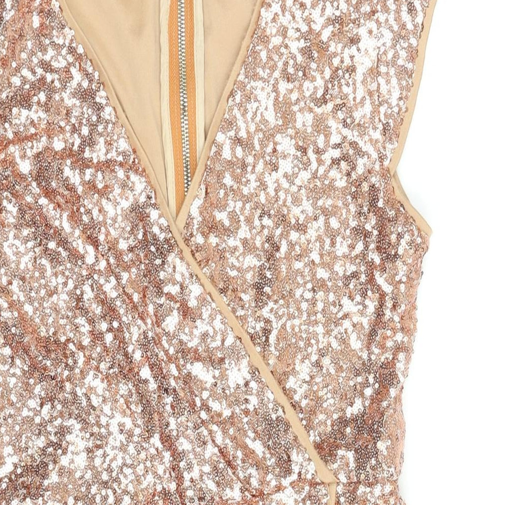 Jolie Moi Womens Brown Polyester Mini Size 10 V-Neck Zip - Sequin