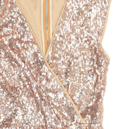 Jolie Moi Womens Brown Polyester Mini Size 10 V-Neck Zip - Sequin