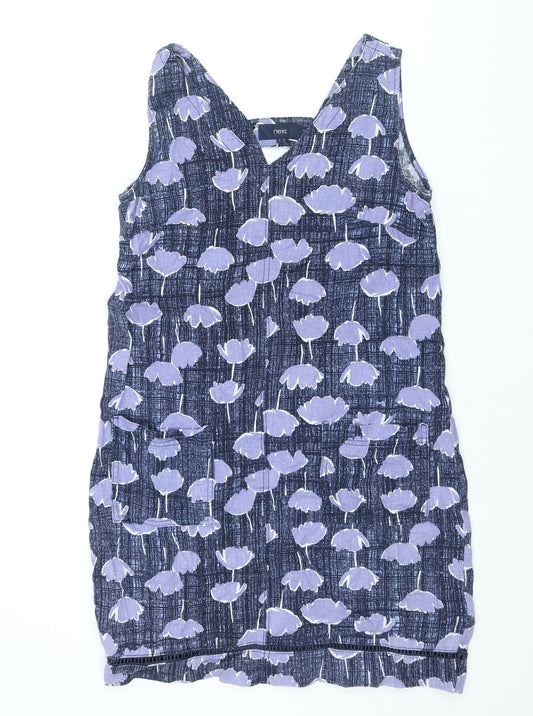 NEXT Womens Blue Geometric Linen Shift Size 8 V-Neck Pullover