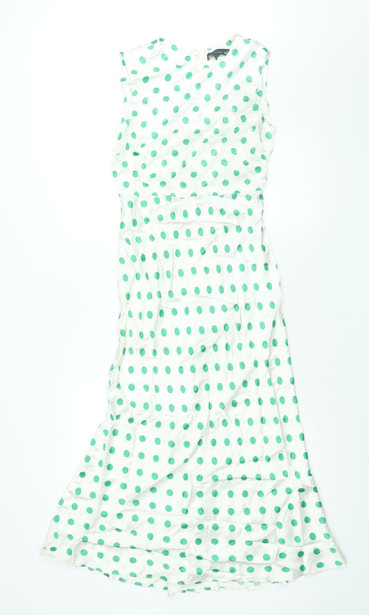 Marks and Spencer Womens Ivory Polka Dot Viscose Sheath Size 8 Round Neck Zip - Belted