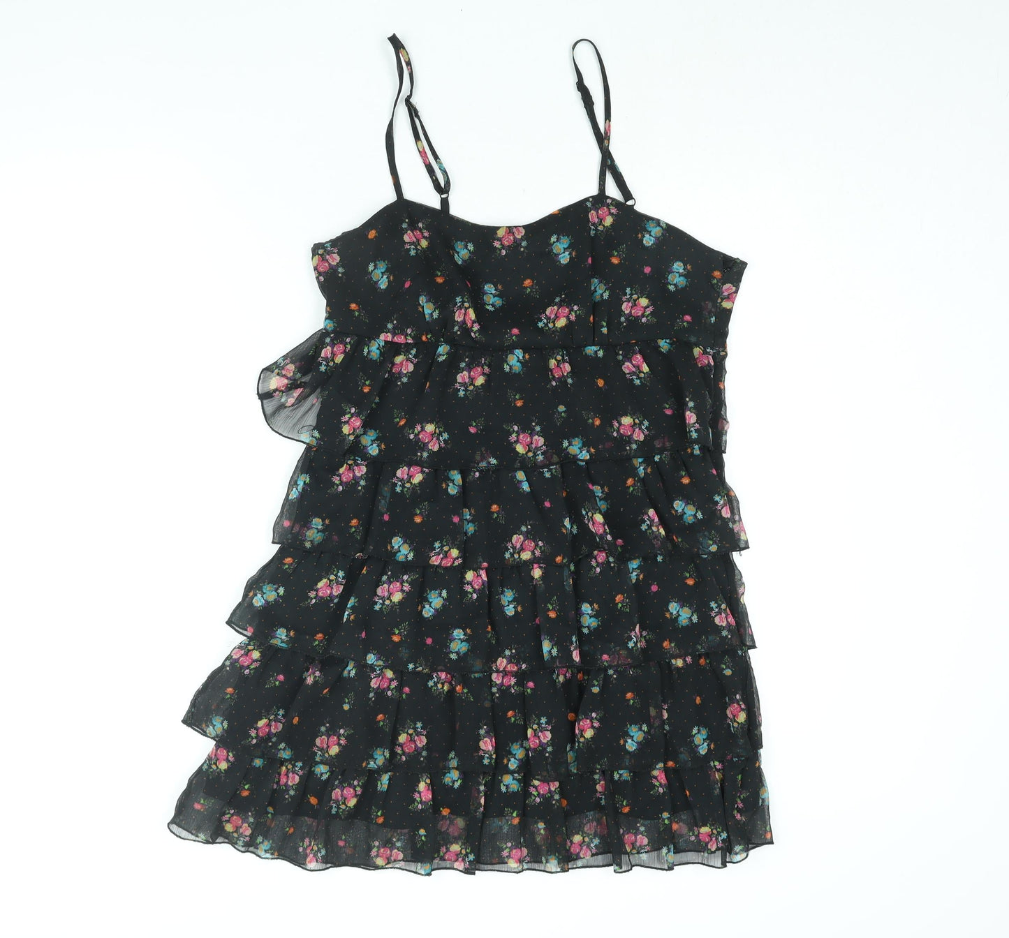 Divided by H&M Womens Black Floral Polyester Mini Size 14 Scoop Neck Zip - Layered Frill
