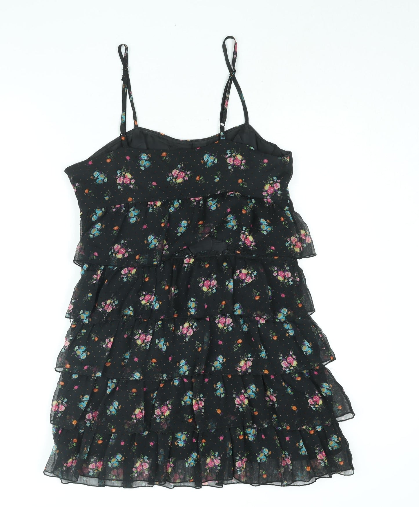 Divided by H&M Womens Black Floral Polyester Mini Size 14 Scoop Neck Zip - Layered Frill