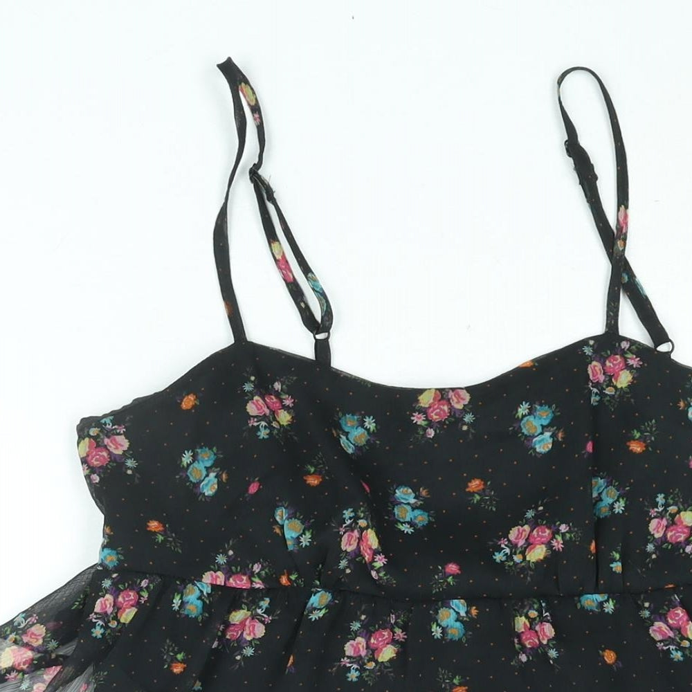 Divided by H&M Womens Black Floral Polyester Mini Size 14 Scoop Neck Zip - Layered Frill