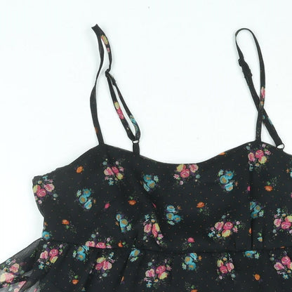 Divided by H&M Womens Black Floral Polyester Mini Size 14 Scoop Neck Zip - Layered Frill