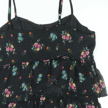 Divided by H&M Womens Black Floral Polyester Mini Size 14 Scoop Neck Zip - Layered Frill