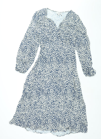 Marks and Spencer Womens Blue Geometric Viscose Shift Size 10 V-Neck Zip - Button Detail