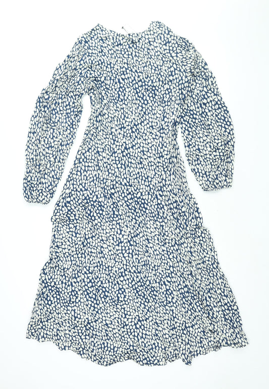 Marks and Spencer Womens Blue Geometric Viscose Shift Size 10 V-Neck Zip - Button Detail